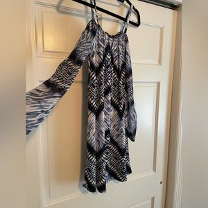 INC off the shoulder, mini dress, blues, and white, sheer long sleeves